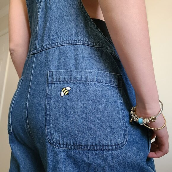 Vintage Mandal Bay Denim Overalls Womens L Hot Dog Embroidered Romper Cropped - Picture 3 of 11